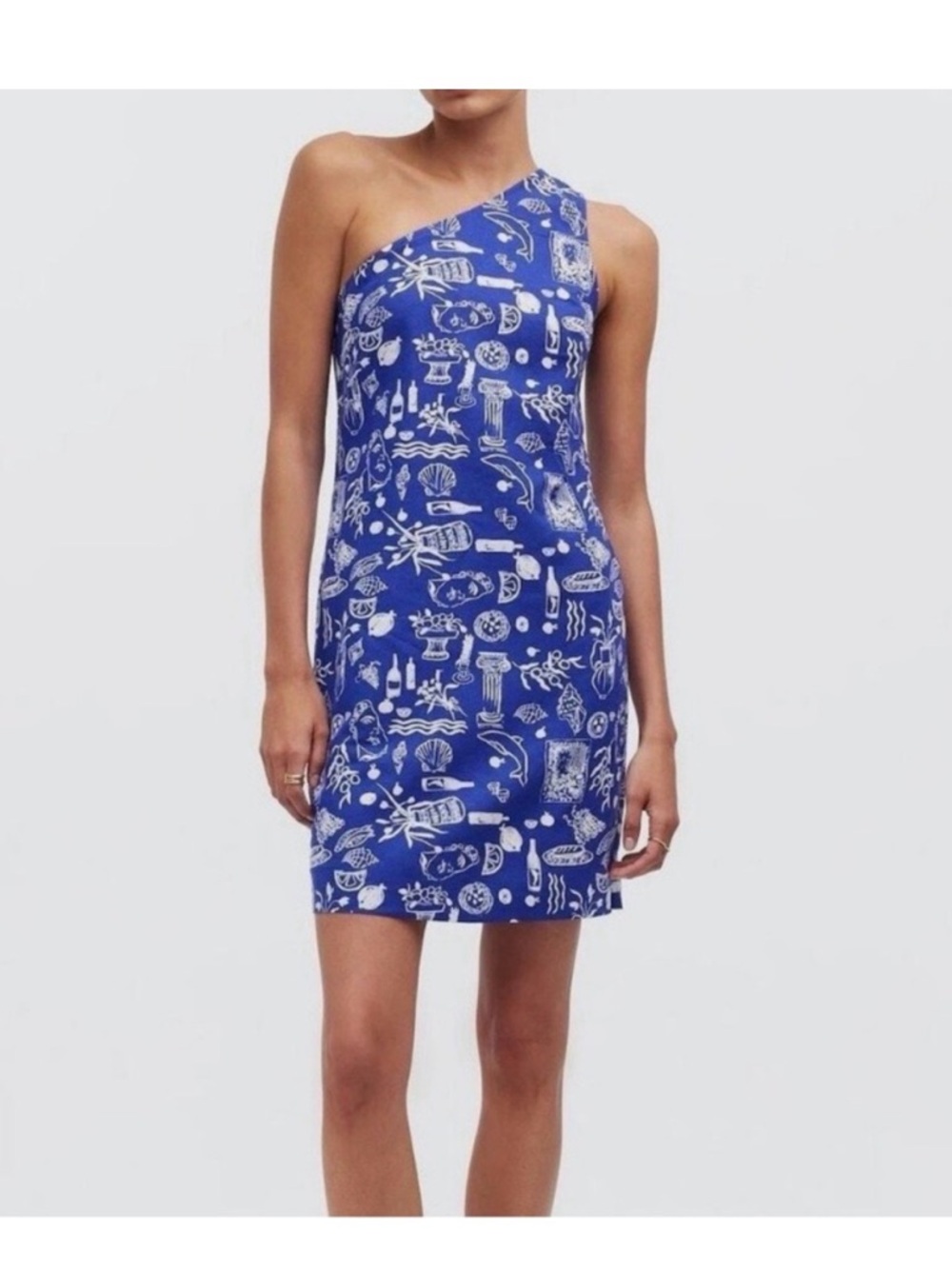 Madewell x Lisa Says Gah One-Shoulder navy blue Printed Mini Dress, NWT size 2